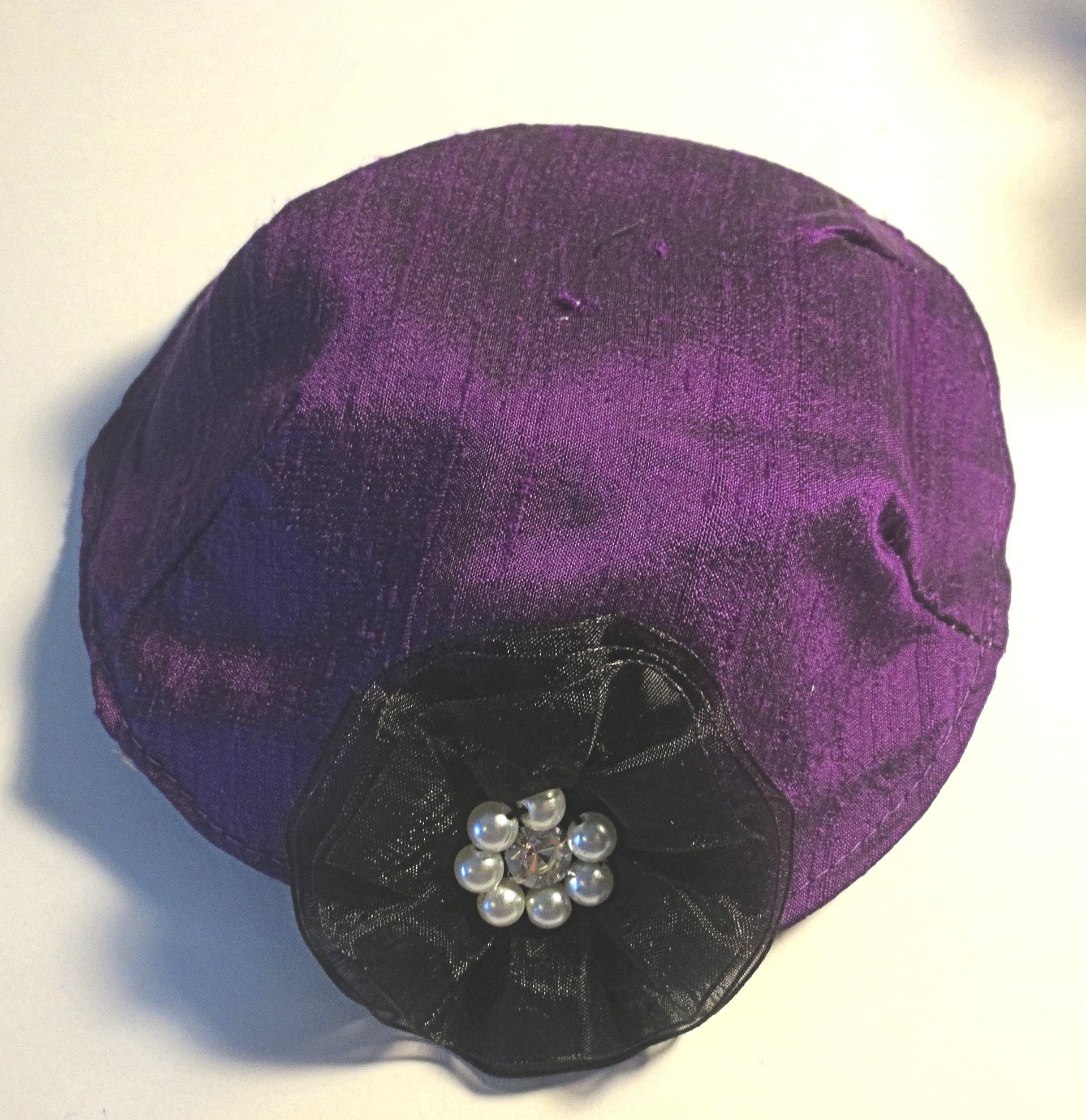 silk small kippah with accent flower pearls rhinestone purple / black
