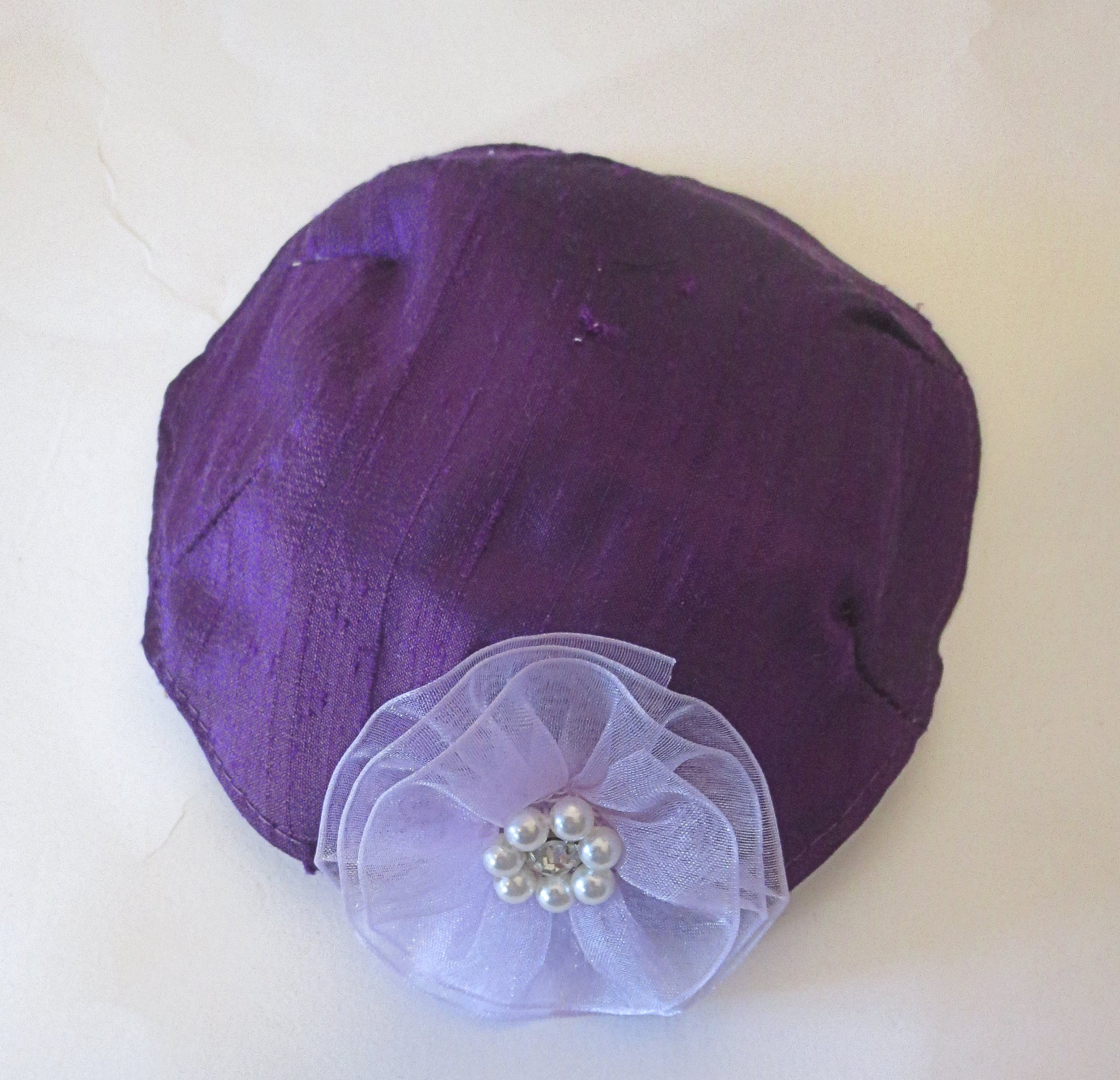 silk small kippah with accent flower pearls rhinestone purple / lilac