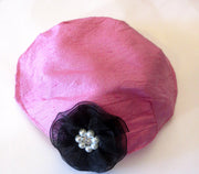 silk small kippah with accent flower pearls rhinestone pink / black