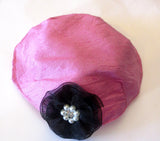 silk small kippah with accent flower pearls rhinestone pink / black