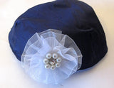 silk small kippah with accent flower pearls rhinestone navy blue / light blue
