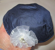 silk small kippah with accent flower pearls rhinestone navy blue / white