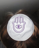 hamsa with evil eye embroidered kippah great design yarmulke white / purple