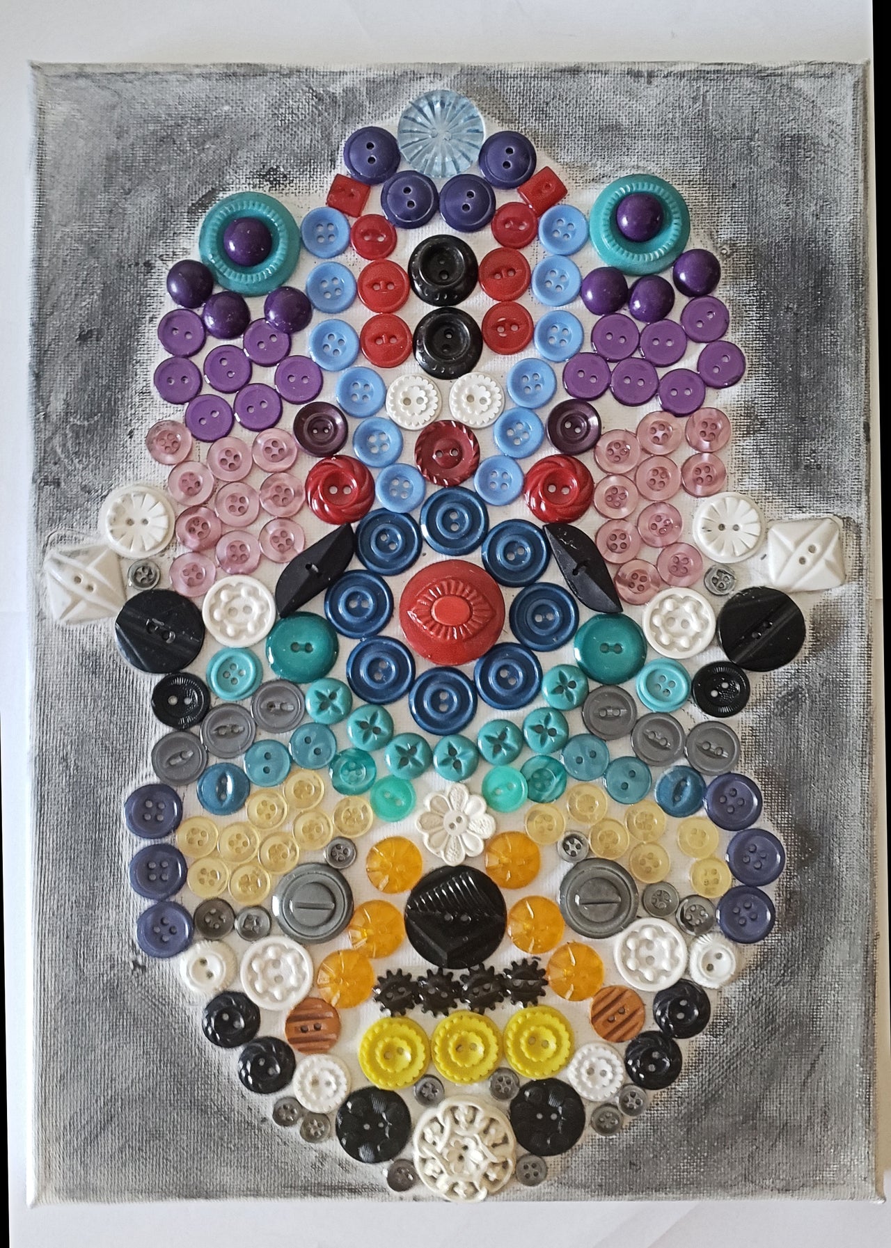 hamsa multicolored button art work with vintage buttons on canvas hand of miriam