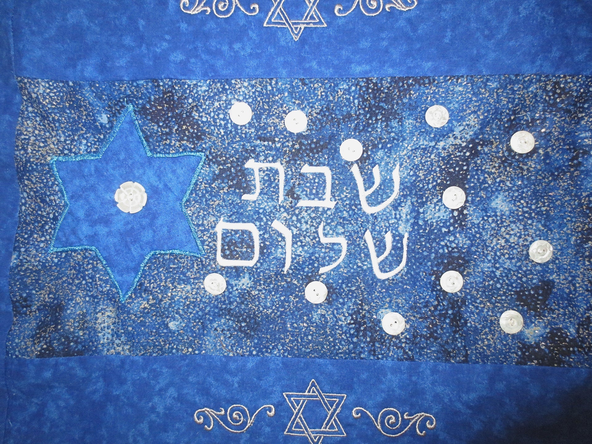 royal blue challah cover embroidered star of davids silver mother of pearl real button accents