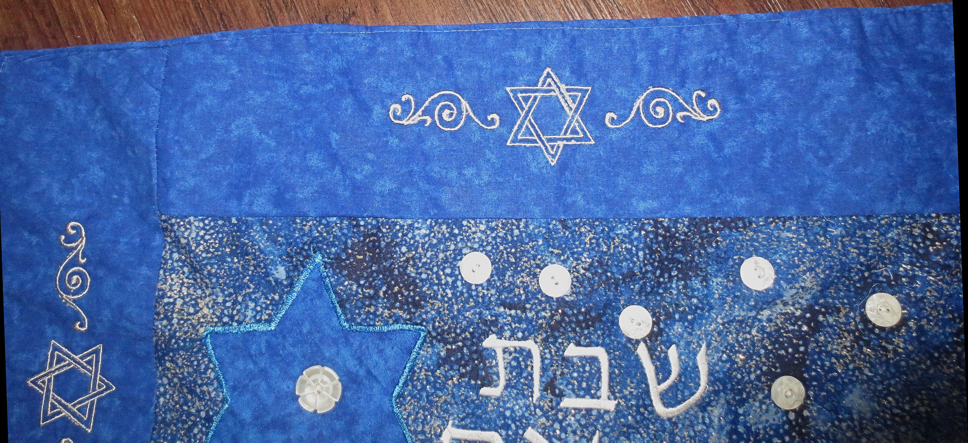 royal blue challah cover embroidered star of davids silver mother of pearl real button accents