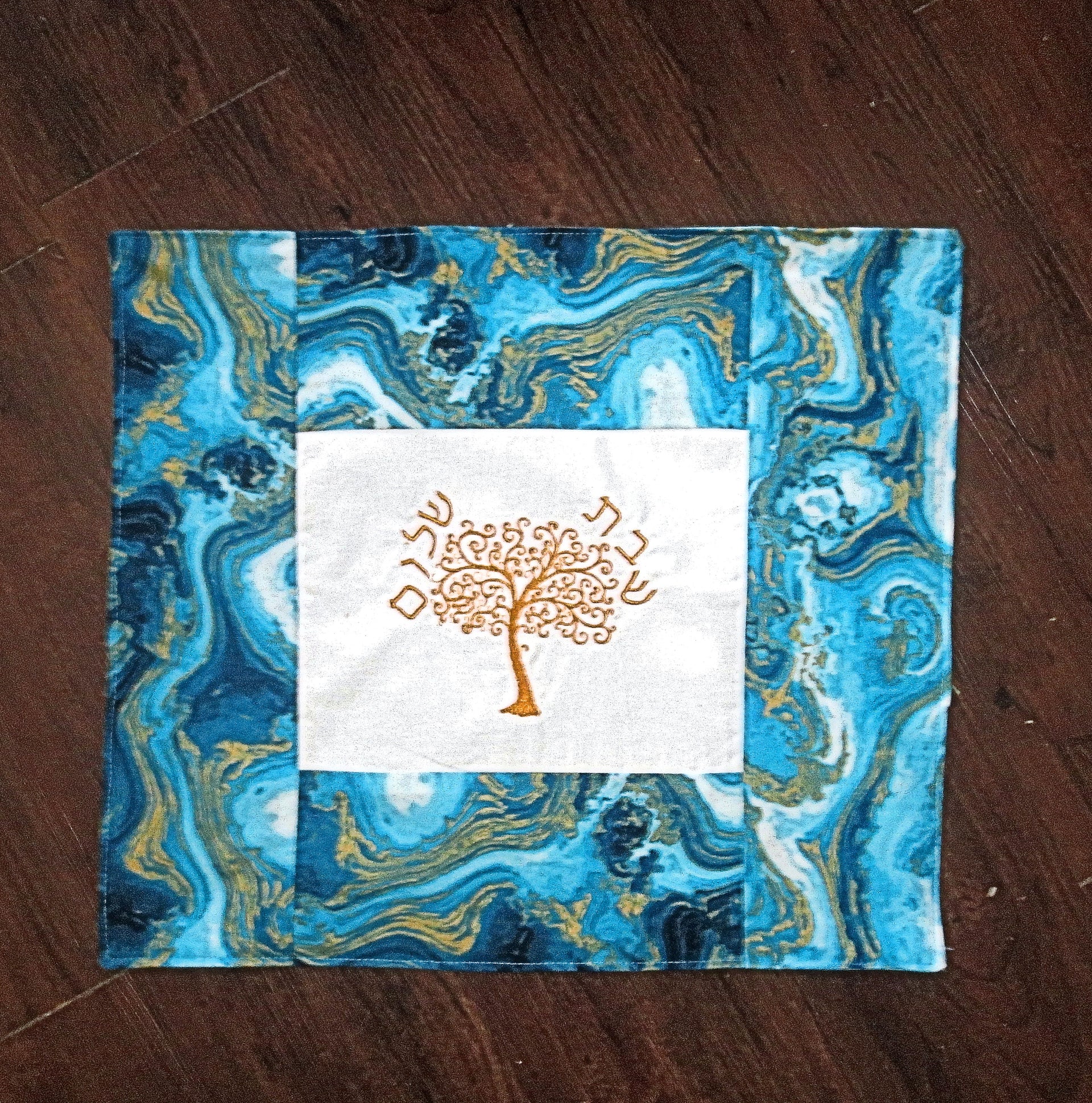 golden tree of life modern challah cover embroidered hebrew shabbat shalom metallic agate turquoise fabric