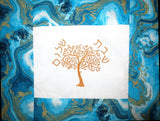 golden tree of life modern challah cover embroidered hebrew shabbat shalom metallic agate turquoise fabric