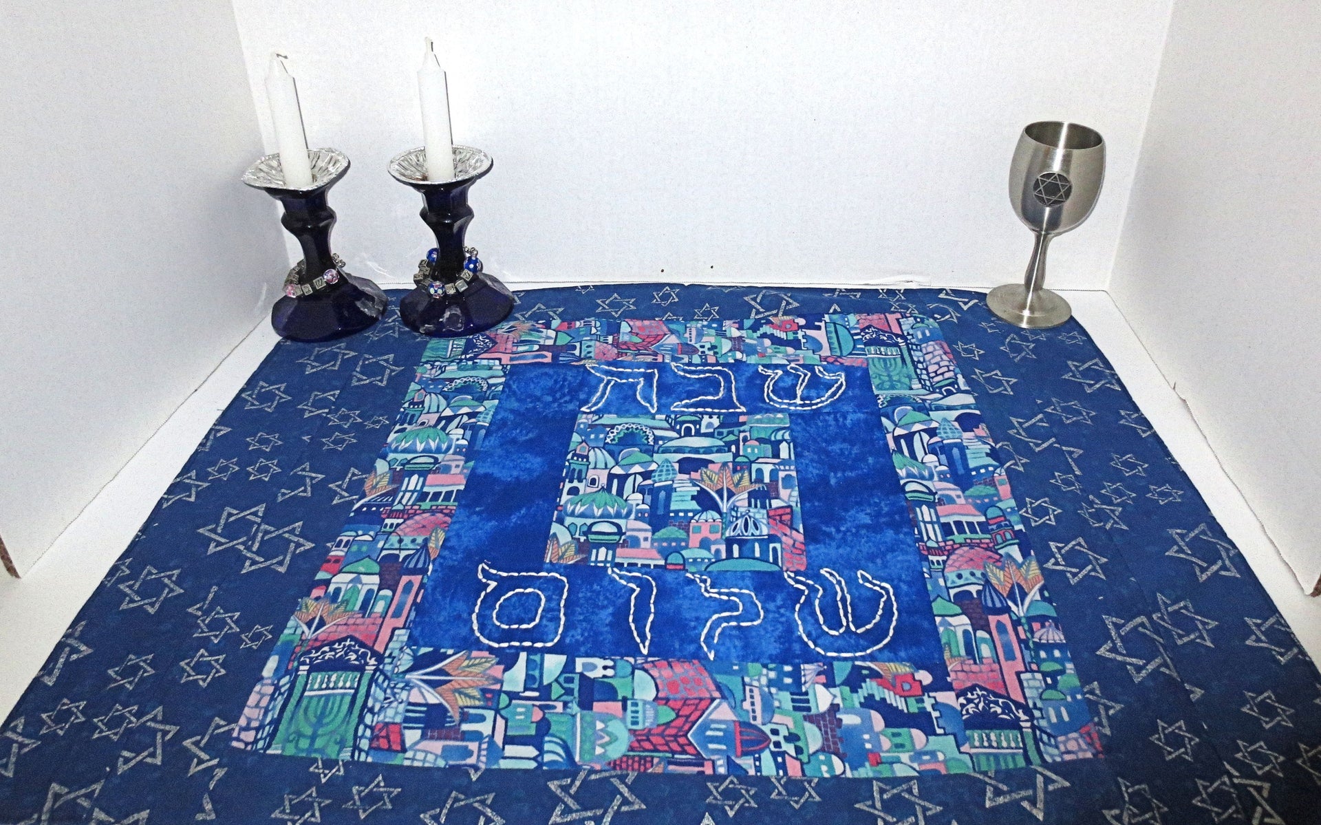 quilted log cabin style challah cover hand embroidered shabbat shalom