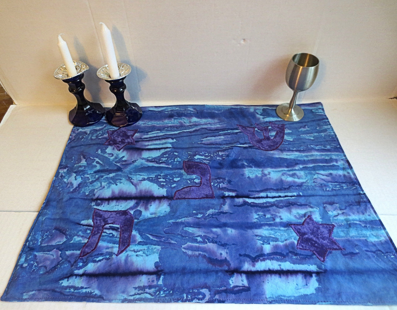batik turquoise purples challah cover shabbat hebrew