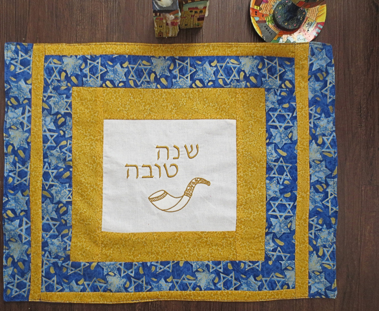 challah cover for jewish high holidays shofar shannah tova gold and blue stars of david