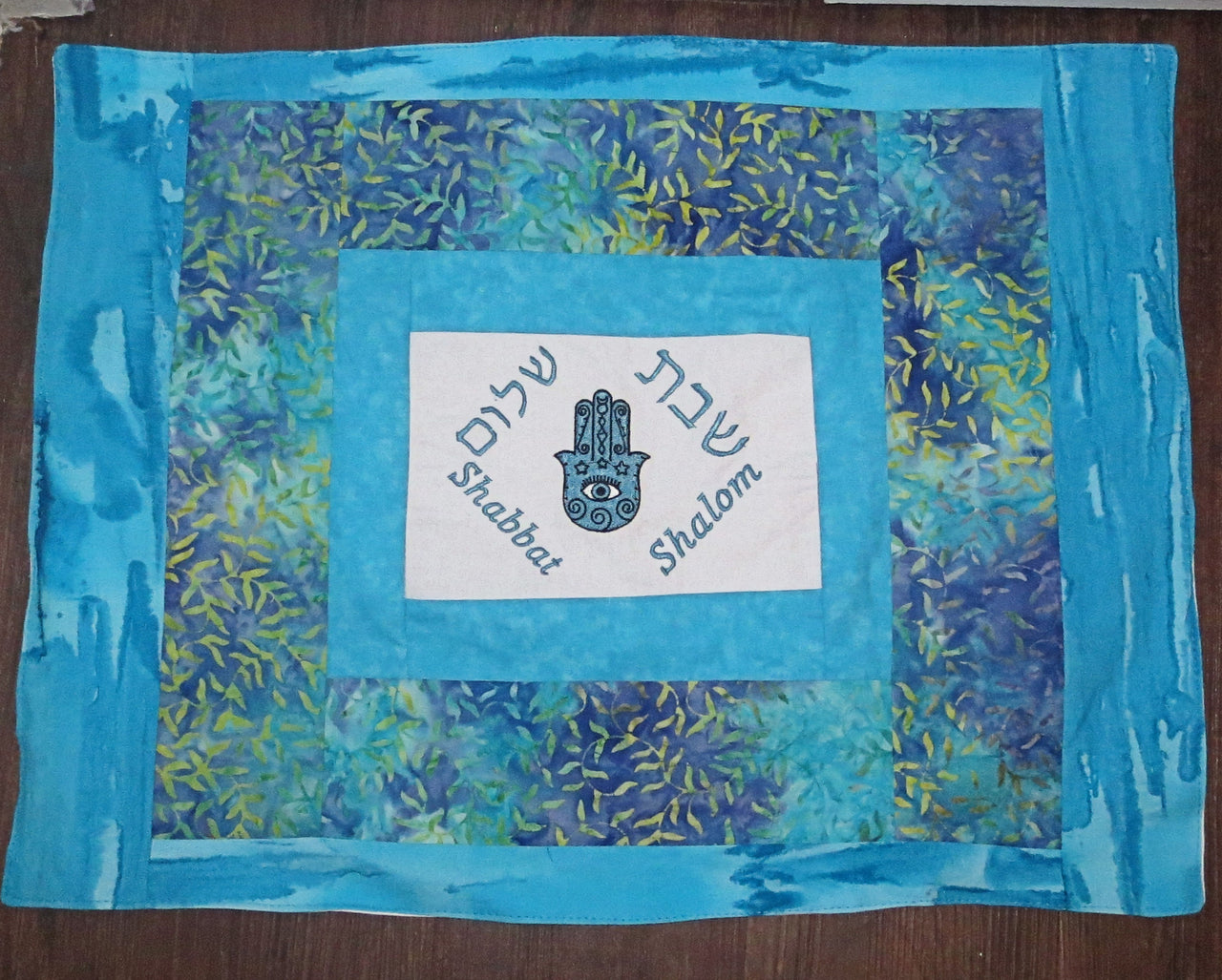 challah cover turquoise embroidered shabbat shalom hamsa batik