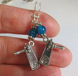 gemstone silver charm earrings for purim blue azure agate / groggers / sterling regular ear wires