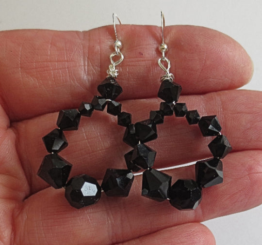 black swarovski crystals hoop earrings classic black sterling silver ear wires