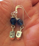 hanukkah or chanukah swarovski crystals silver earrings menorahs and dreidels sterling ear wires sapphire blue faceted helix swaroski crystals / dreidels / regular ear wires