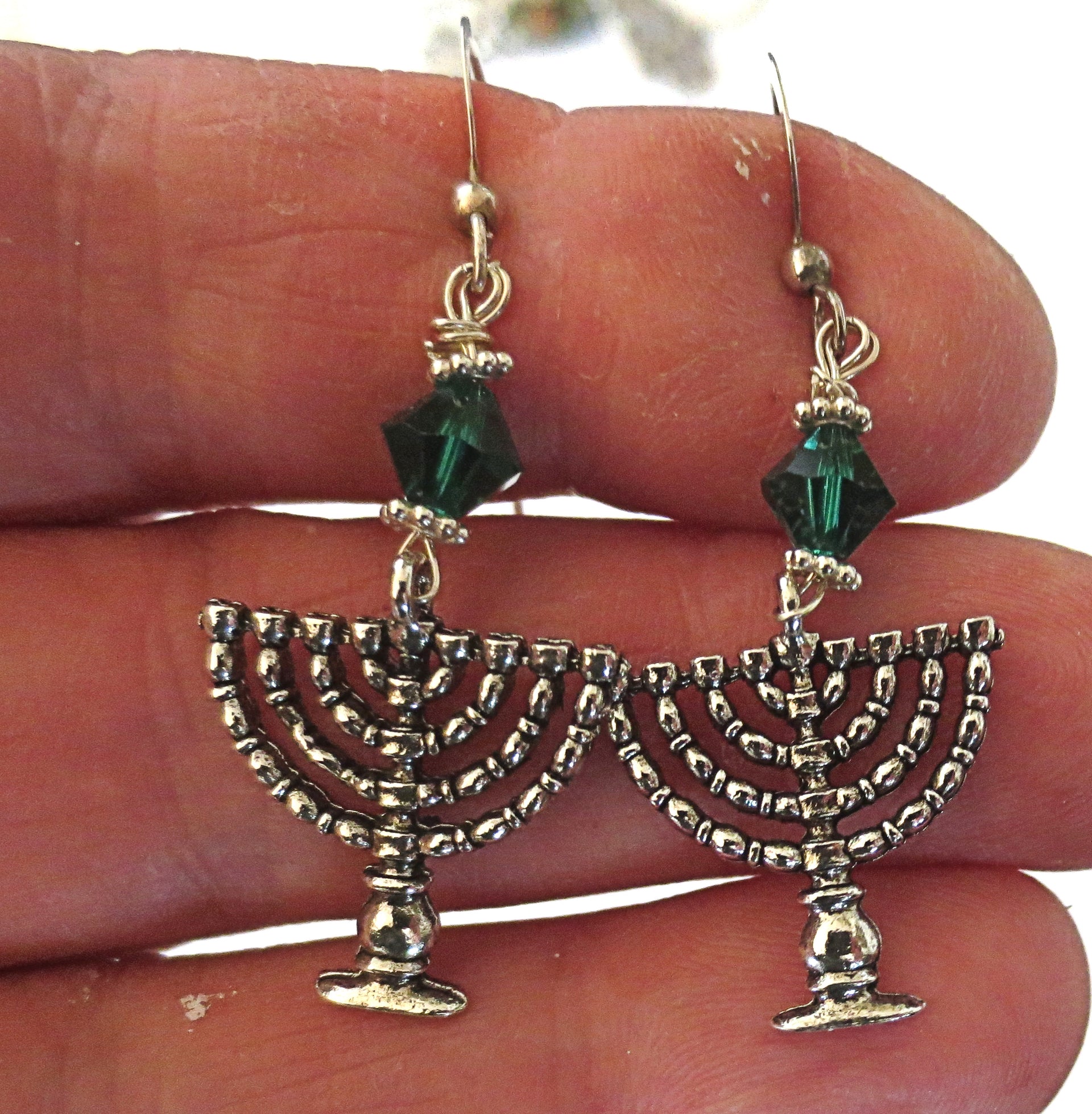 hanukkah or chanukah swarovski crystals silver earrings menorahs and dreidels sterling ear wires emerald bicones / menorahs / regular ear wires