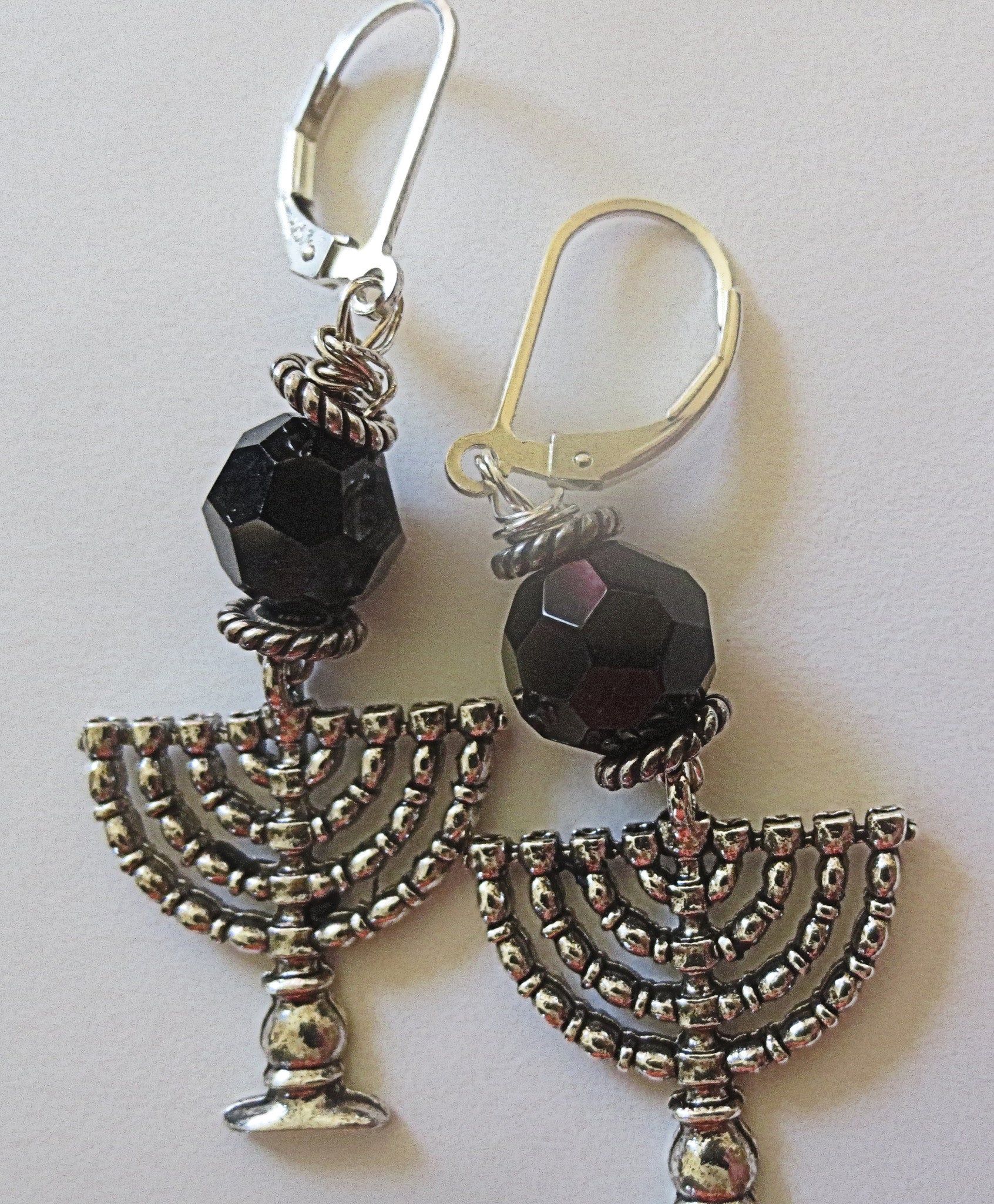 hanukkah or chanukah swarovski crystals silver earrings menorahs and dreidels sterling ear wires jet black faceted helix swaroski crystals / menorahs / lever backs