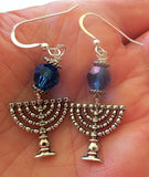 hanukkah or chanukah swarovski crystals silver earrings menorahs and dreidels sterling ear wires sapphire blue faceted helix swaroski crystals / menorahs / regular ear wires