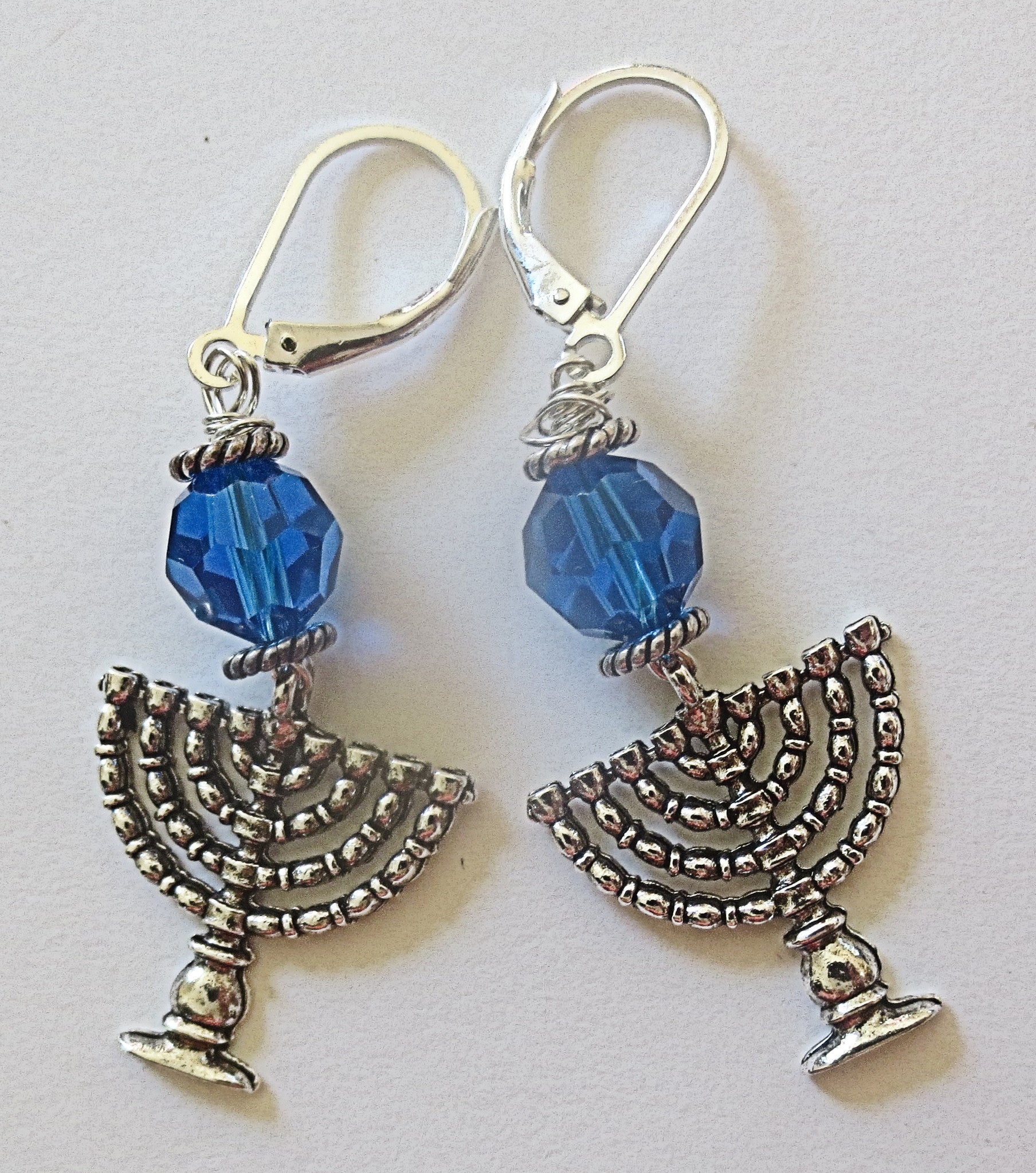 hanukkah or chanukah swarovski crystals silver earrings menorahs and dreidels sterling ear wires sapphire blue faceted helix swaroski crystals / menorahs / lever backs