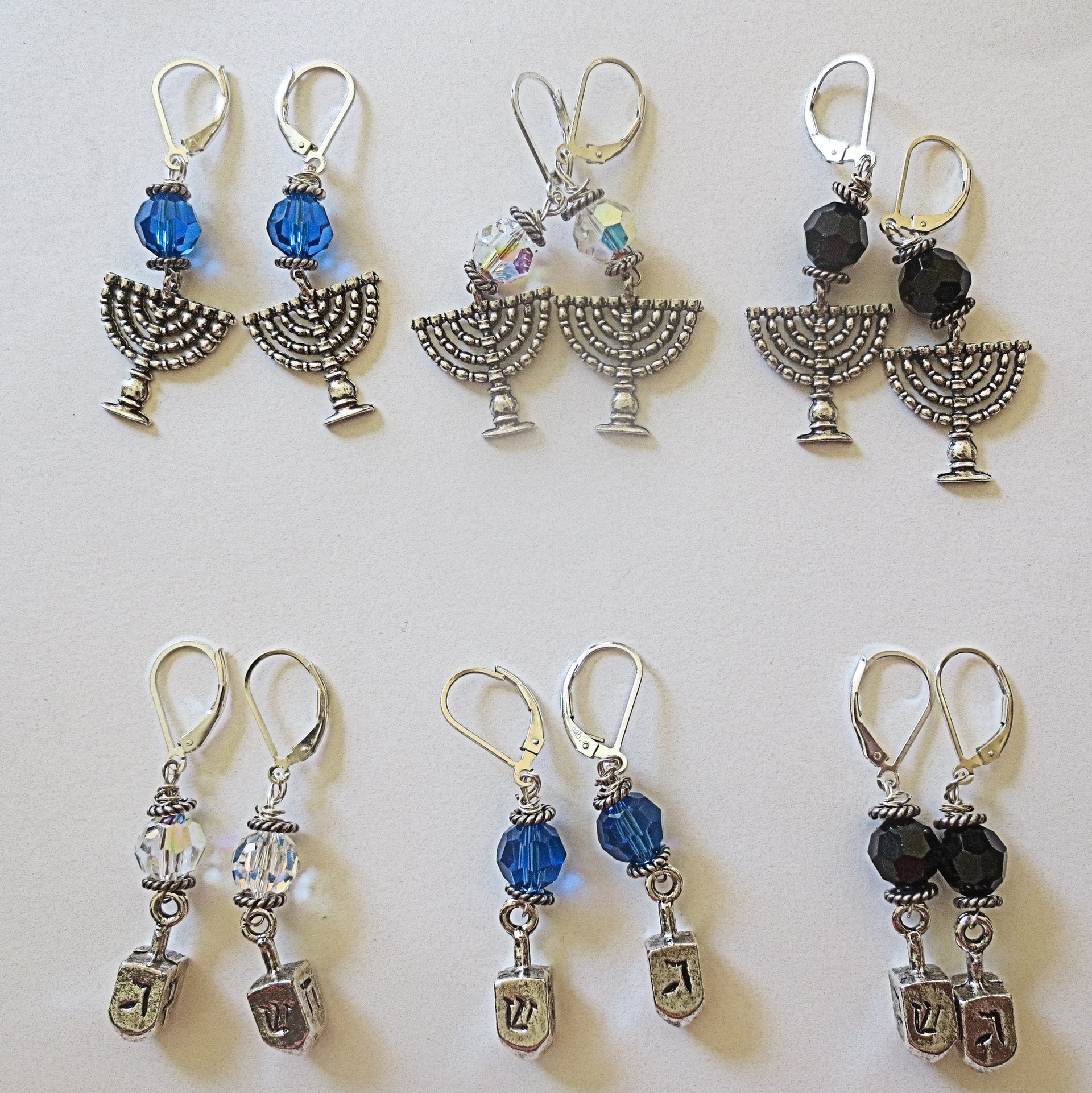 hanukkah or chanukah swarovski crystals silver earrings menorahs and dreidels sterling ear wires