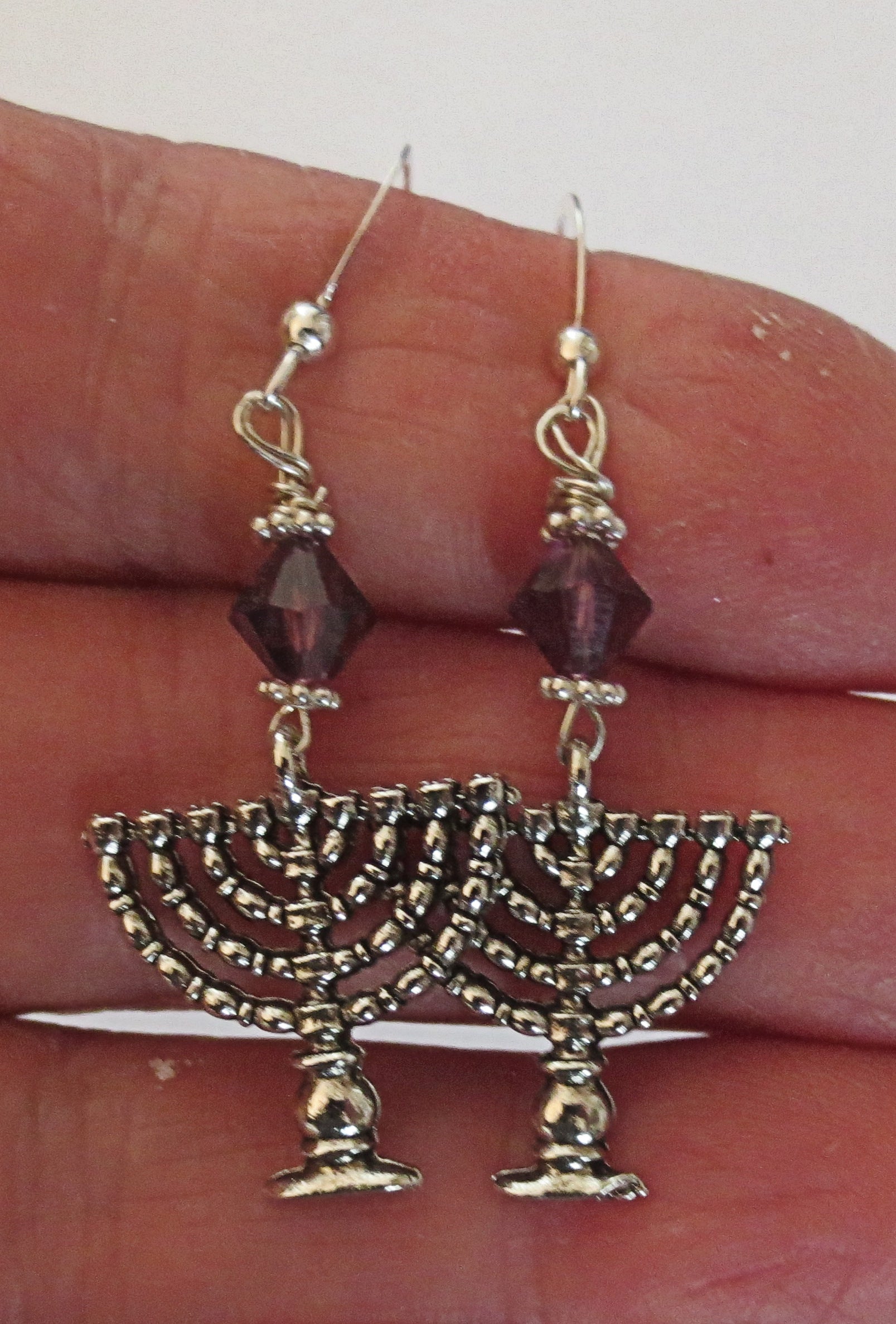 hanukkah or chanukah swarovski crystals silver earrings menorahs and dreidels sterling ear wires amethyst bicones / menorahs / regular ear wires