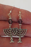 hanukkah or chanukah swarovski crystals silver earrings menorahs and dreidels sterling ear wires amethyst bicones / menorahs / regular ear wires