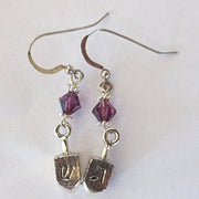 hanukkah or chanukah swarovski crystals silver earrings menorahs and dreidels sterling ear wires amethyst bicones / dreidels / regular ear wires