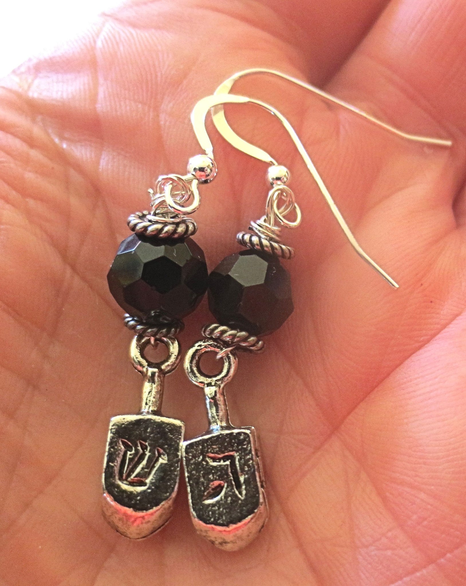 hanukkah or chanukah swarovski crystals silver earrings menorahs and dreidels sterling ear wires jet black faceted helix swaroski crystals / dreidels / regular ear wires