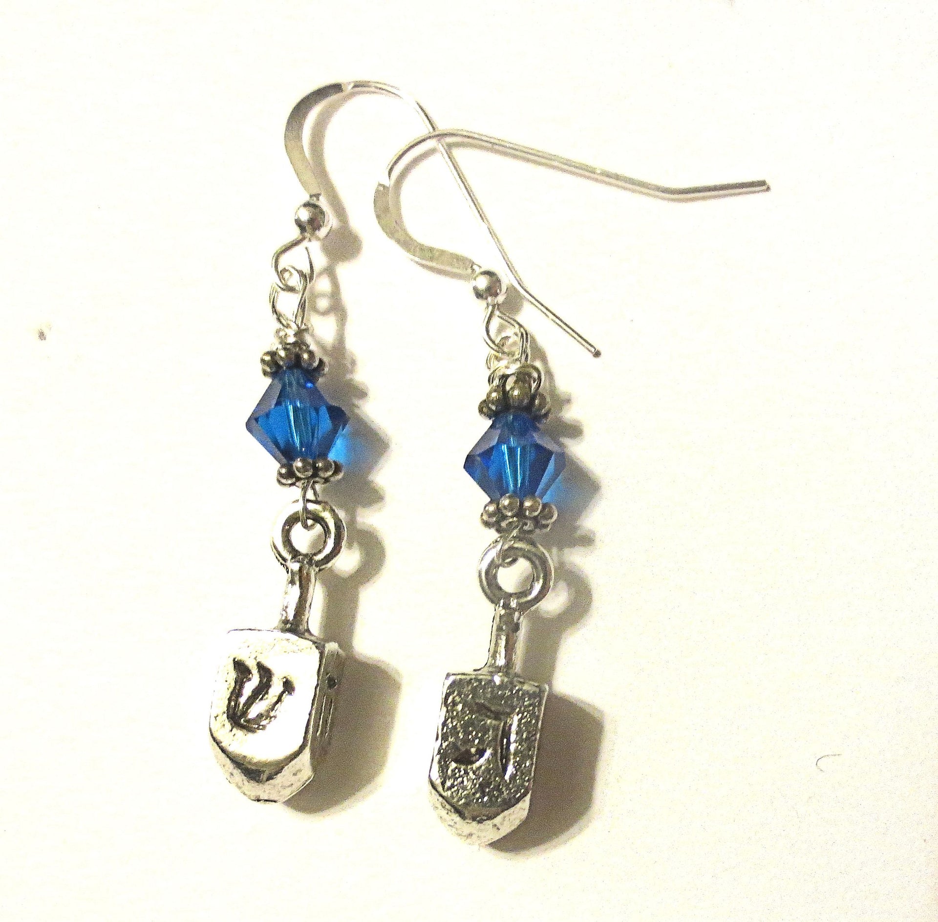 hanukkah or chanukah swarovski crystals silver earrings menorahs and dreidels sterling ear wires sapphire bicone swarovski crystals / dreidels / regular ear wires