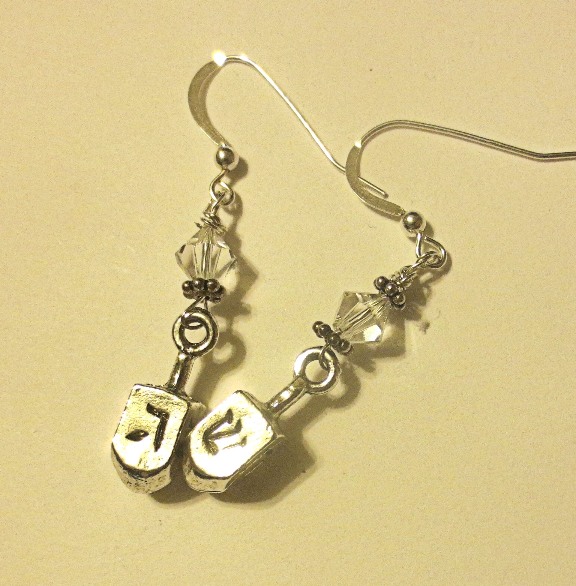 hanukkah or chanukah swarovski crystals silver earrings menorahs and dreidels sterling ear wires clear bicone / dreidels / regular ear wires