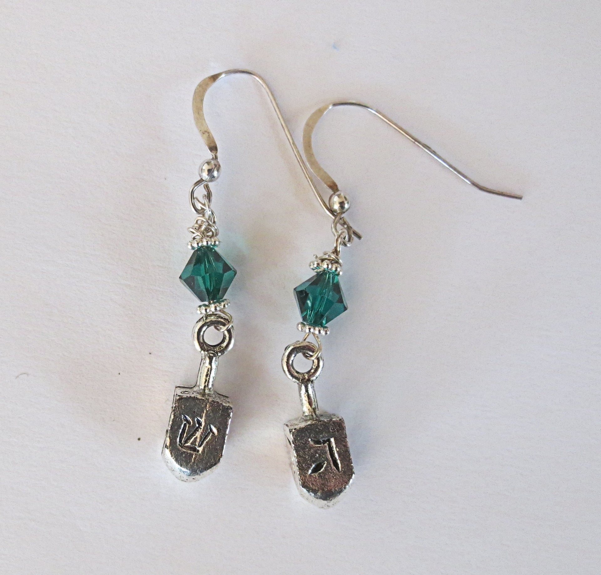 hanukkah or chanukah swarovski crystals silver earrings menorahs and dreidels sterling ear wires emerald bicones / dreidels / regular ear wires