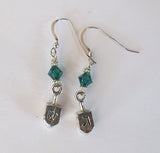 hanukkah or chanukah swarovski crystals silver earrings menorahs and dreidels sterling ear wires emerald bicones / dreidels / regular ear wires