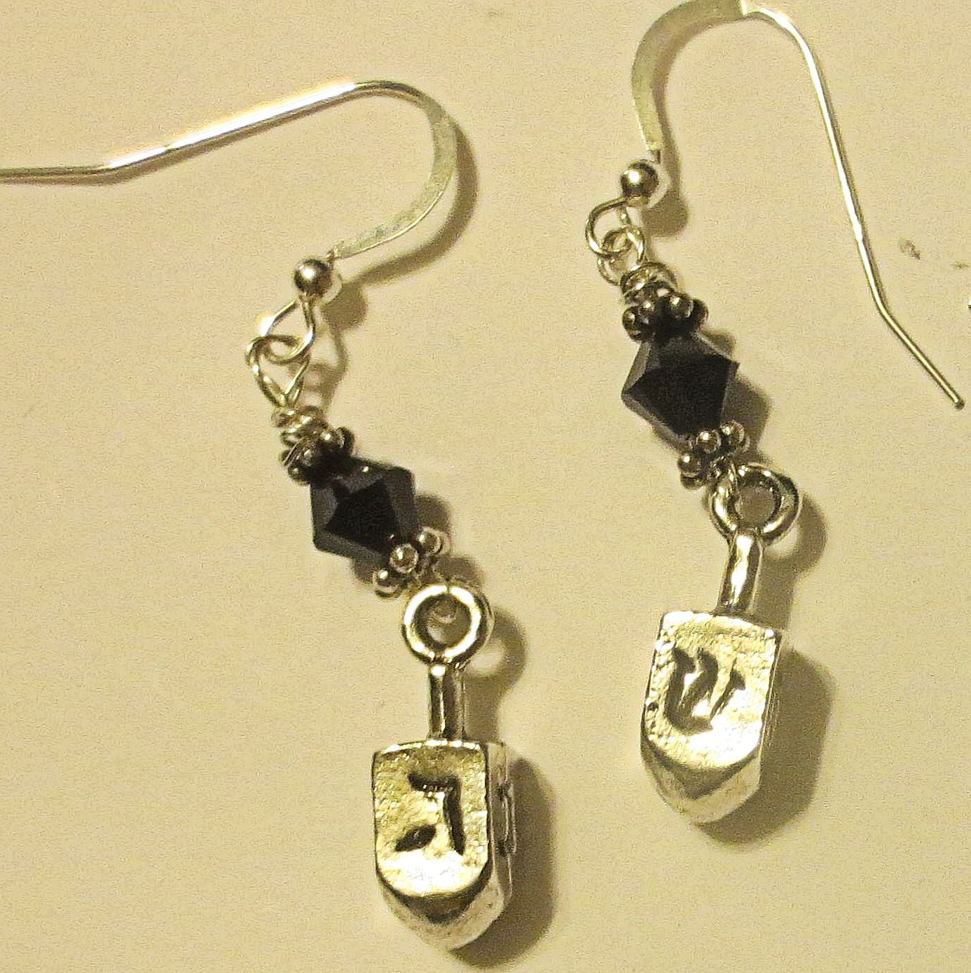 hanukkah or chanukah swarovski crystals silver earrings menorahs and dreidels sterling ear wires black jet bicone / dreidels / regular ear wires