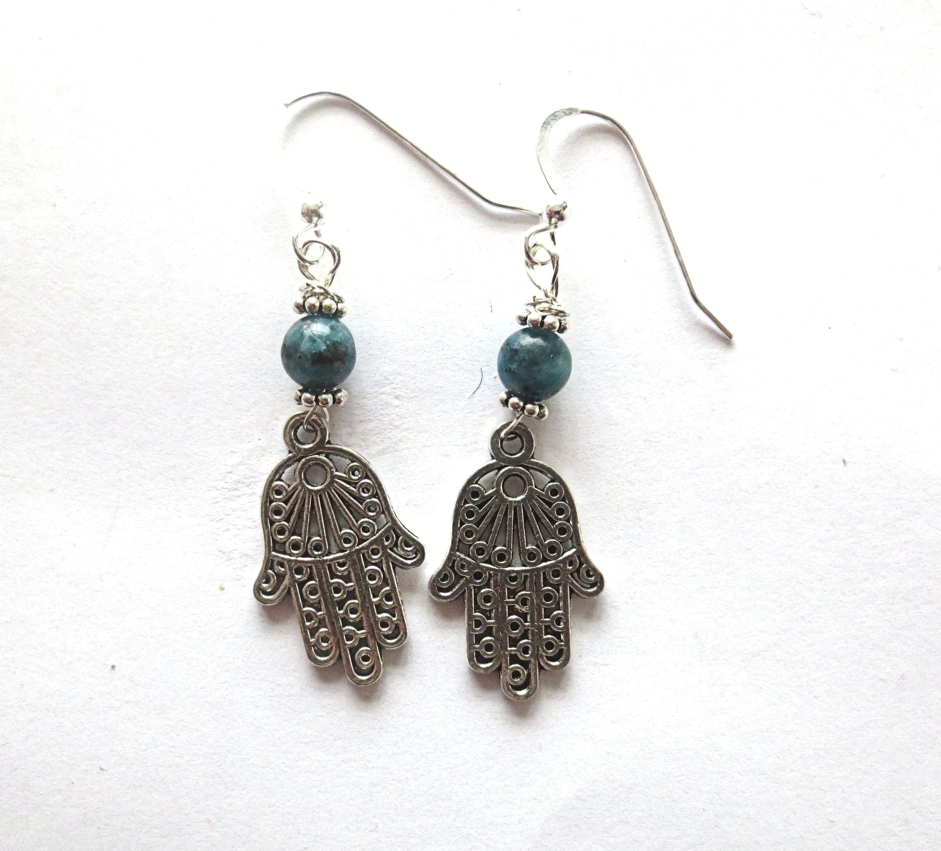 filagree hamsa earrings gemstones hand of fatima green sesame jasper / sterling regular ear wires