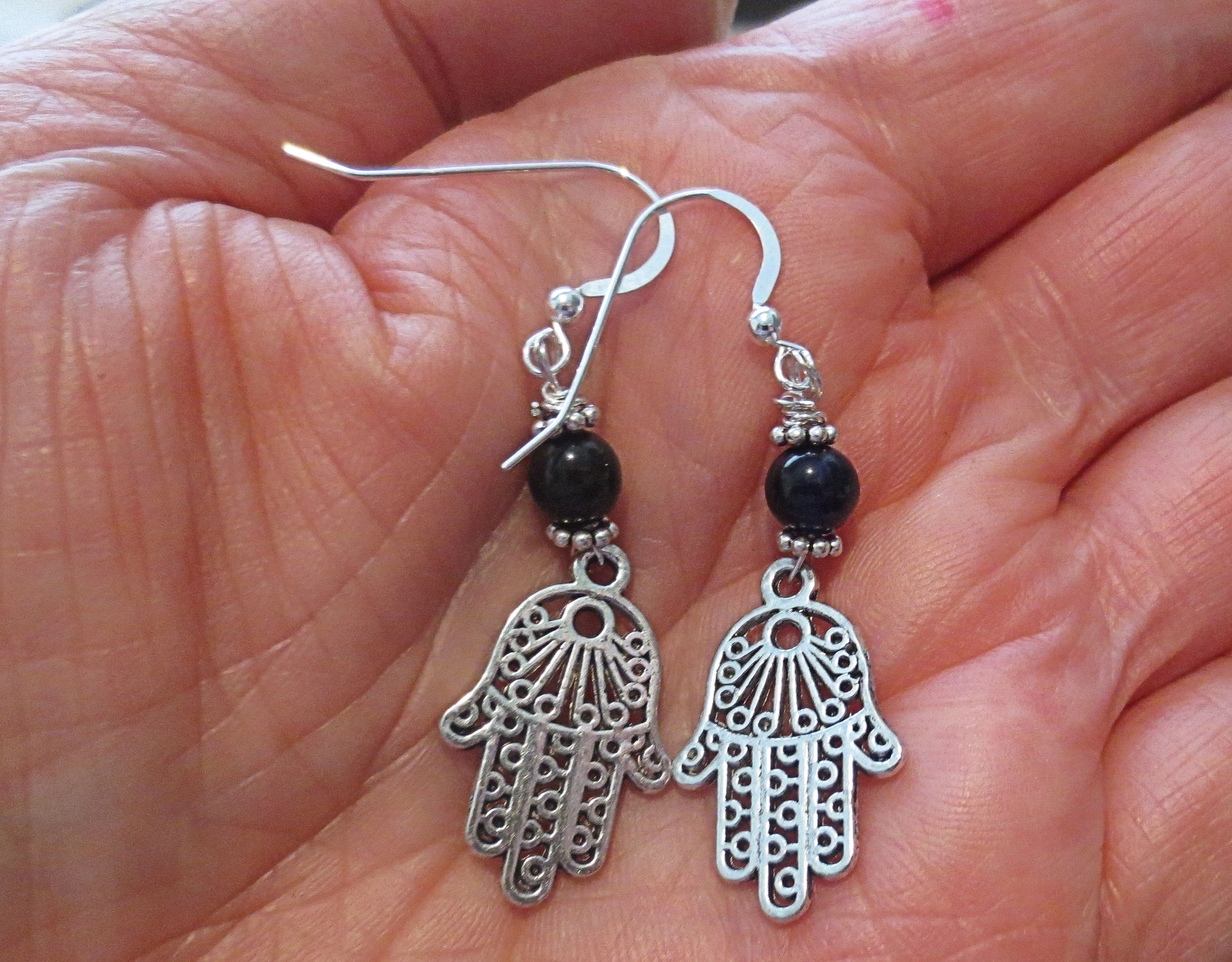 filagree hamsa earrings gemstones hand of fatima black onyx / sterling regular ear wires