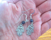 filagree hamsa earrings gemstones hand of fatima purple sesame jasper / sterling regular ear wires