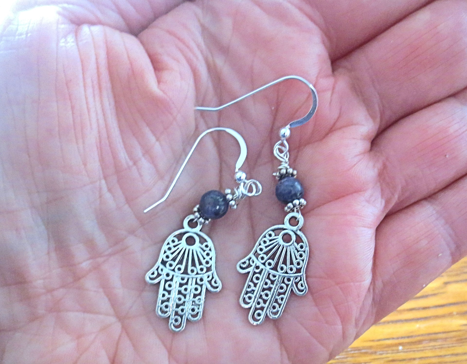 filagree hamsa earrings gemstones hand of fatima purple sesame jasper / sterling regular ear wires