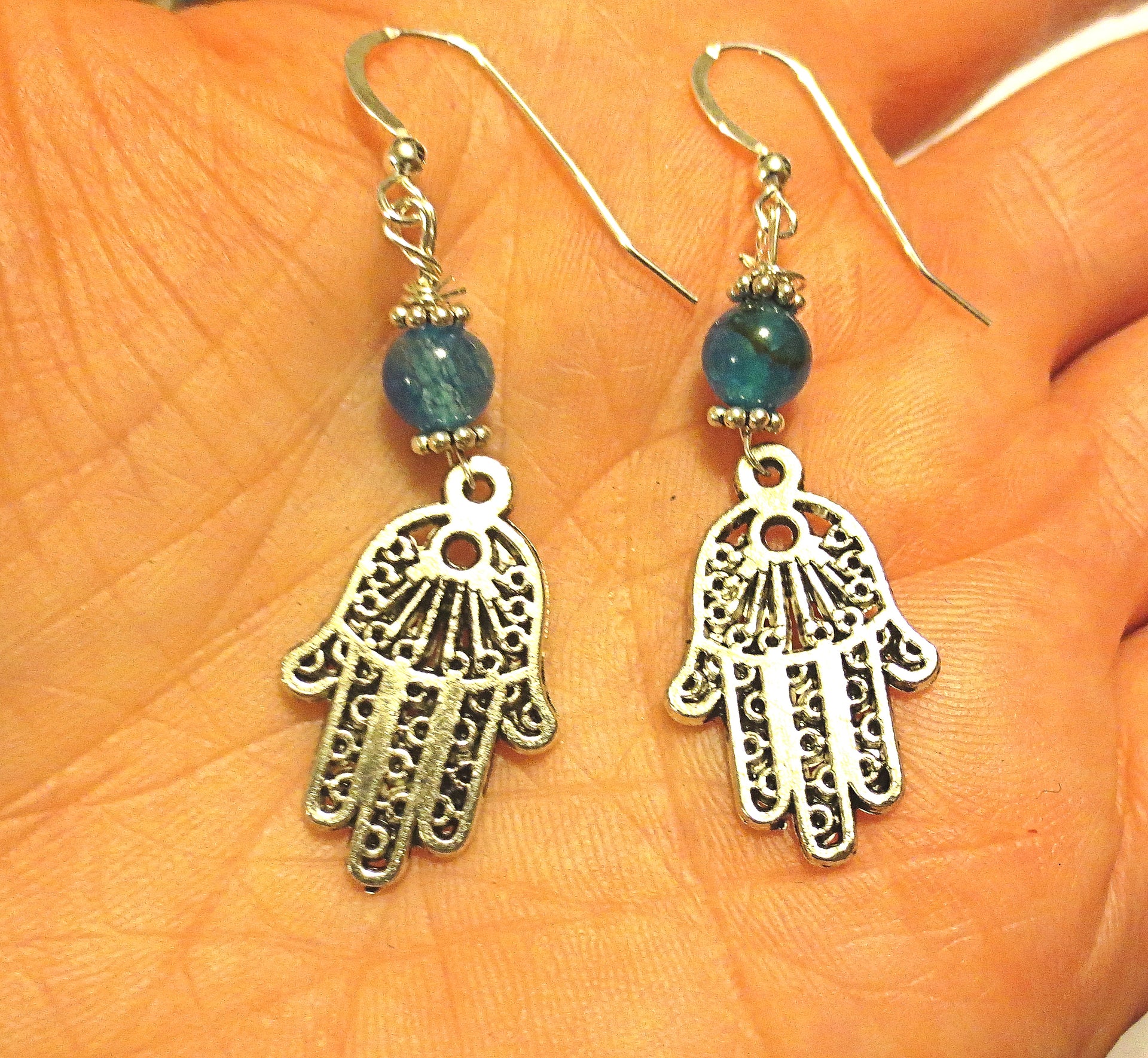 filagree hamsa earrings gemstones hand of fatima azure agates / sterling regular ear wires