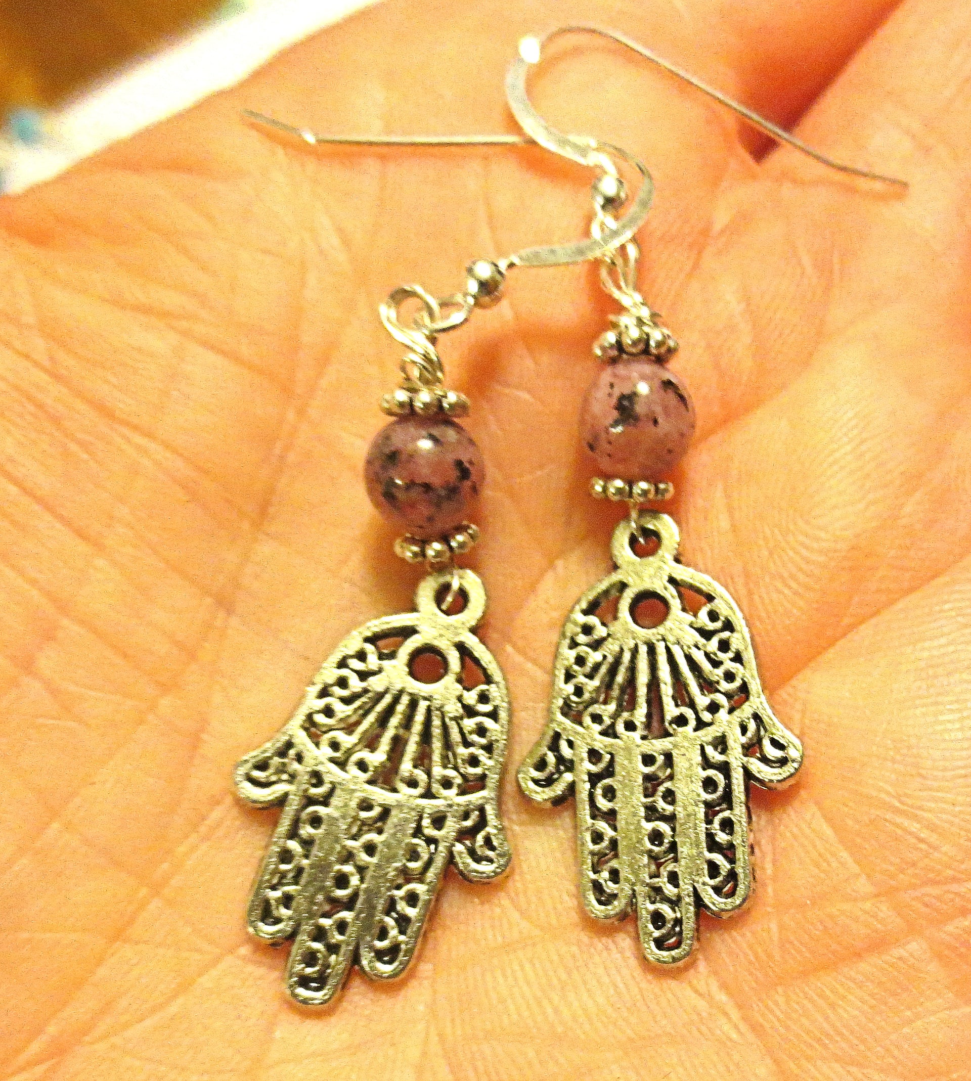 filagree hamsa earrings gemstones hand of fatima pink sesame jasper / sterling regular ear wires