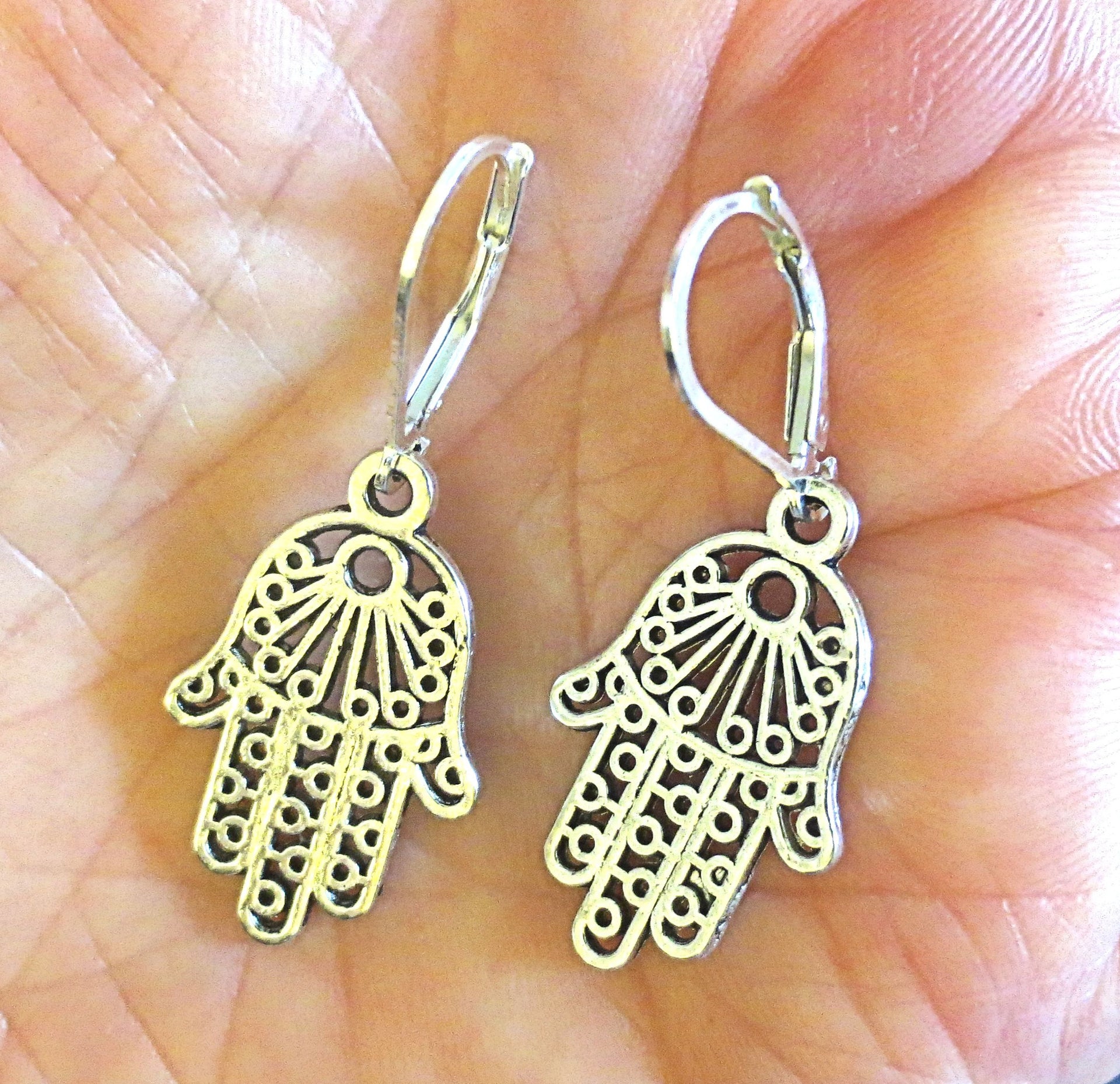 hamsa hand earrings  chamesh or hand of fatima silver charm jewelry filagree fancy hamsa / sterling leverbacks