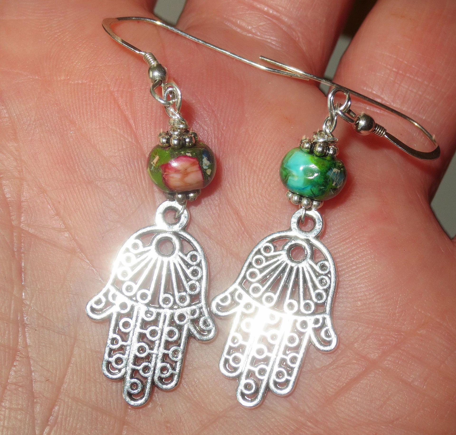 filagree hamsa earrings gemstones hand of fatima