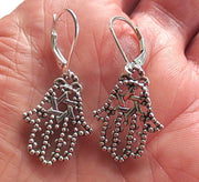 hamsa hand earrings  chamesh or hand of fatima silver charm jewelry filagree hamsa star of david / sterling leverbacks