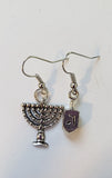 hanukkah or chanukah simple silver earrings menorahs and dreidels one dreidel one menorah / hypoallergic wires