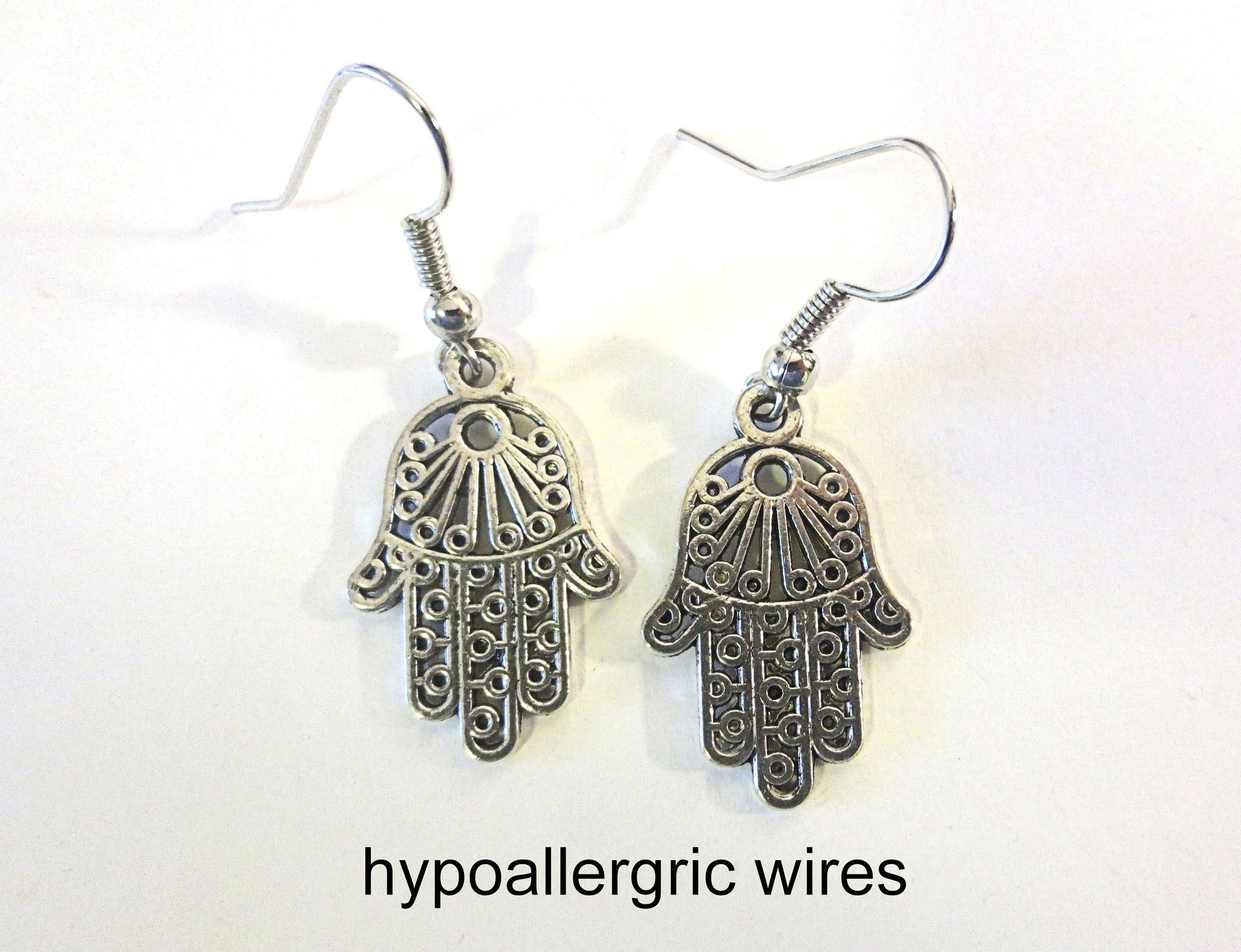 hamsa hand earrings  chamesh or hand of fatima silver charm jewelry filagree fancy hamsa / hypoallergic wires