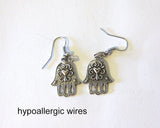 hamsa hand earrings  chamesh or hand of fatima silver charm jewelry hamsa with heart / hypoallergic wires