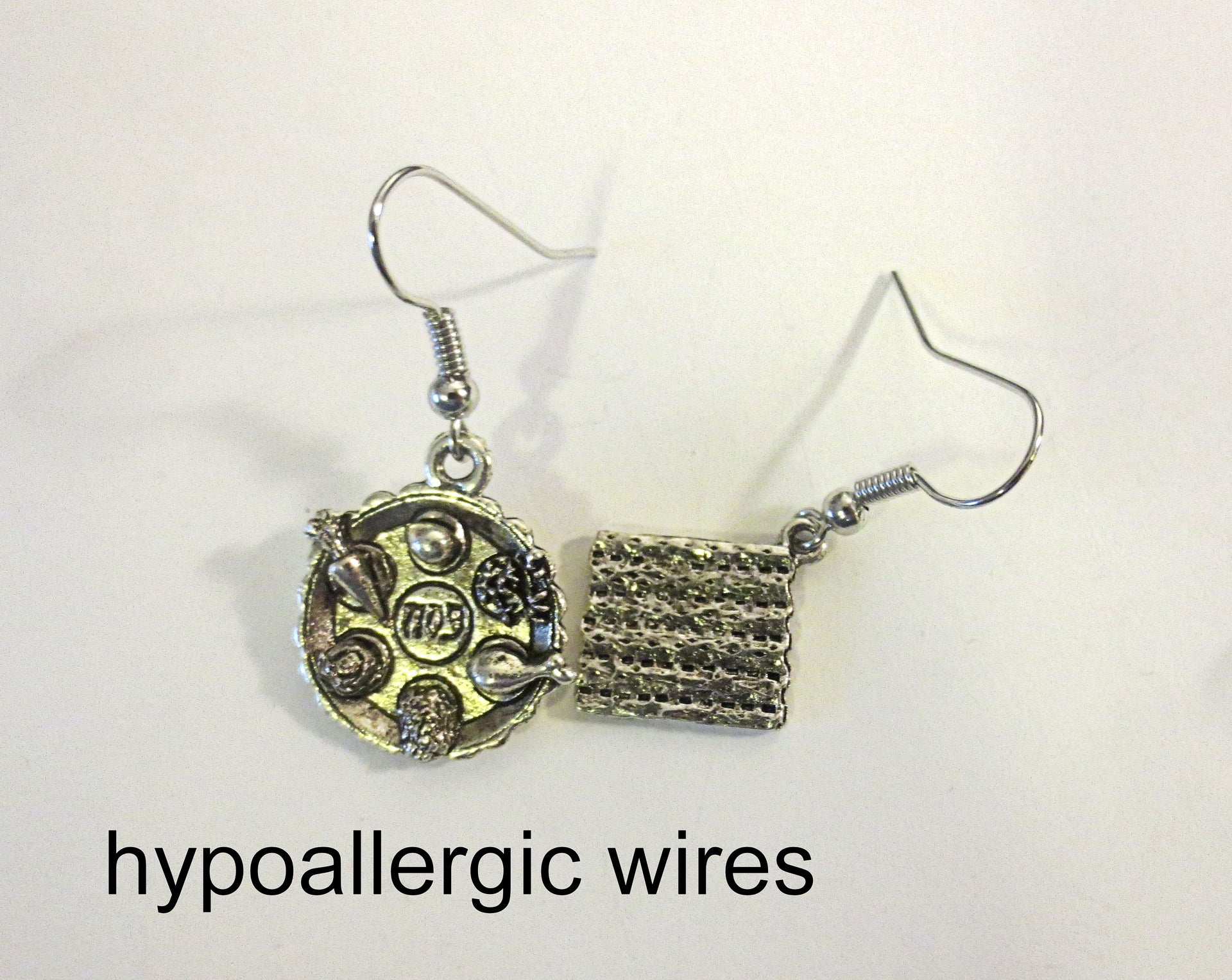 passover theme silver earrings one seder plate one matzah / hypo allergic wires