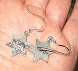star of david silver charm earrings sterling silver ear wires one side jerusalem scene other side the word jerusalem / regular sterling ear wires