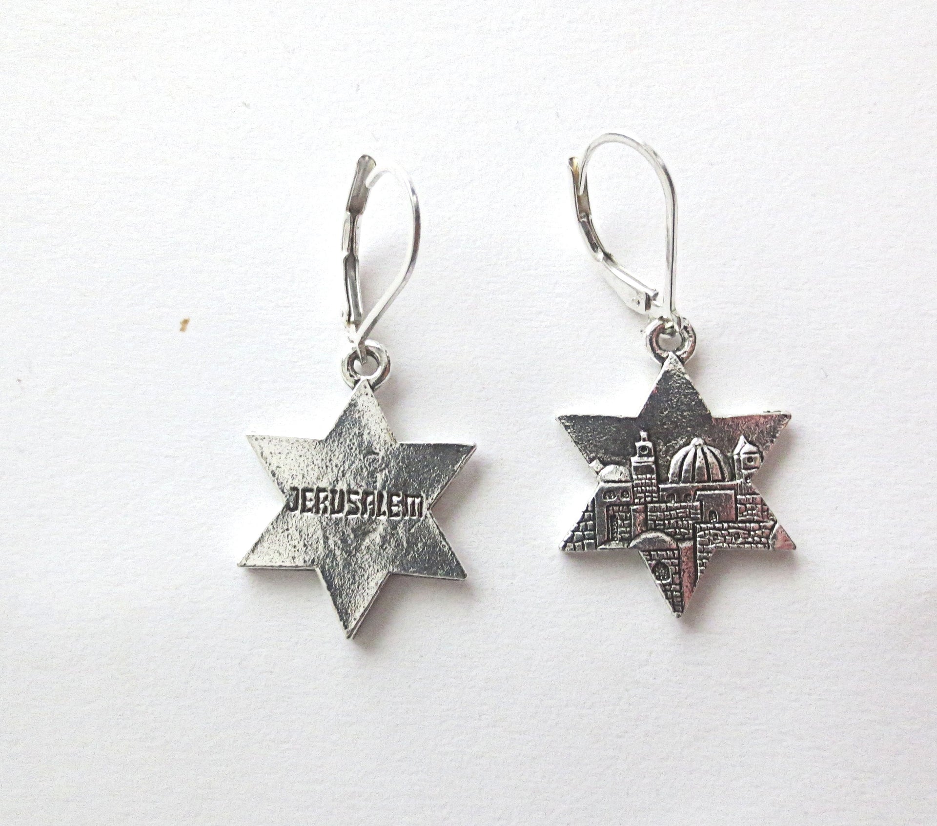 star of david silver charm earrings sterling silver ear wires one side jerusalem scene other side the word jerusalem / sterling leverbacks