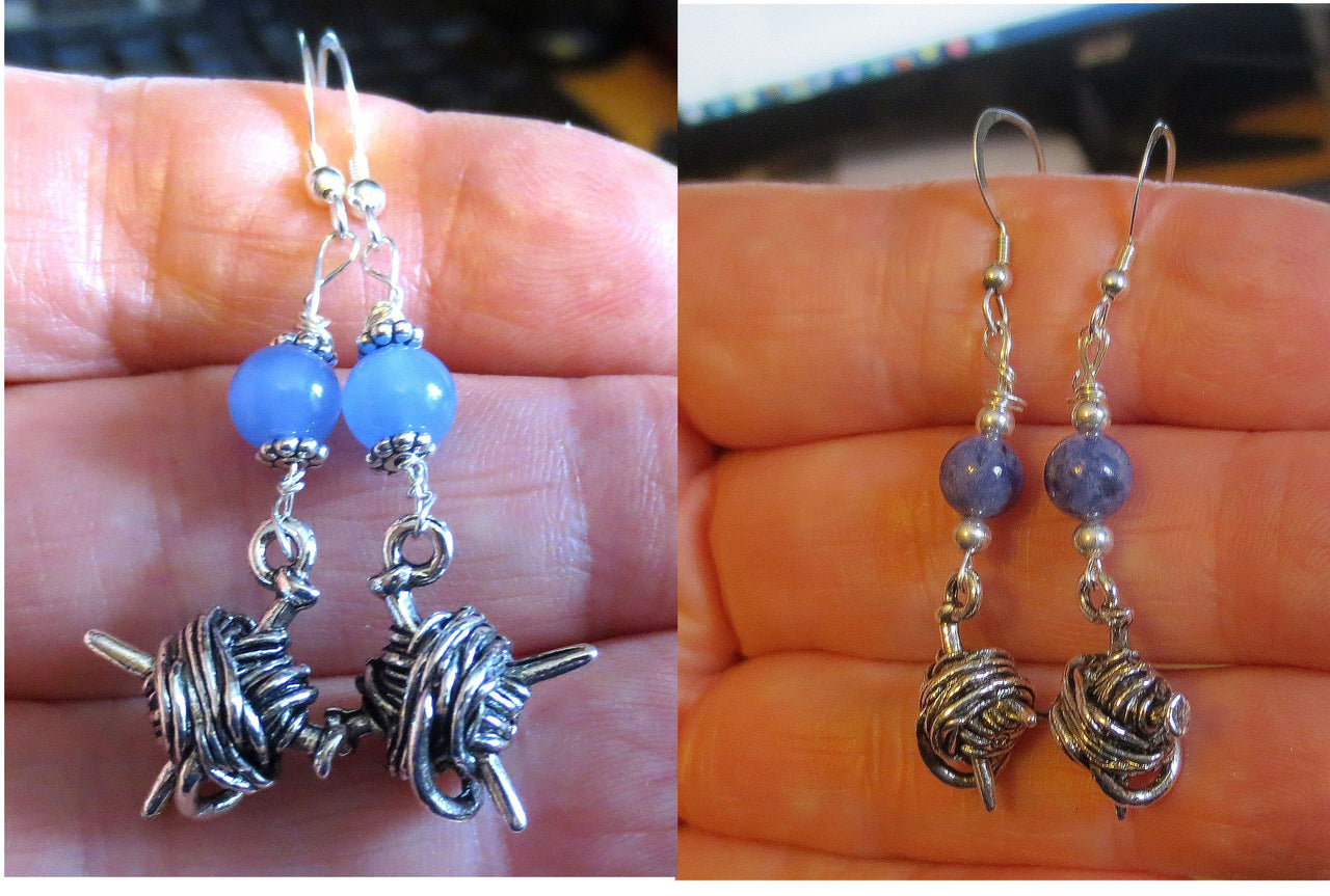 knitting theme silver earrings -- plain or with gemstones -- yarn with needles