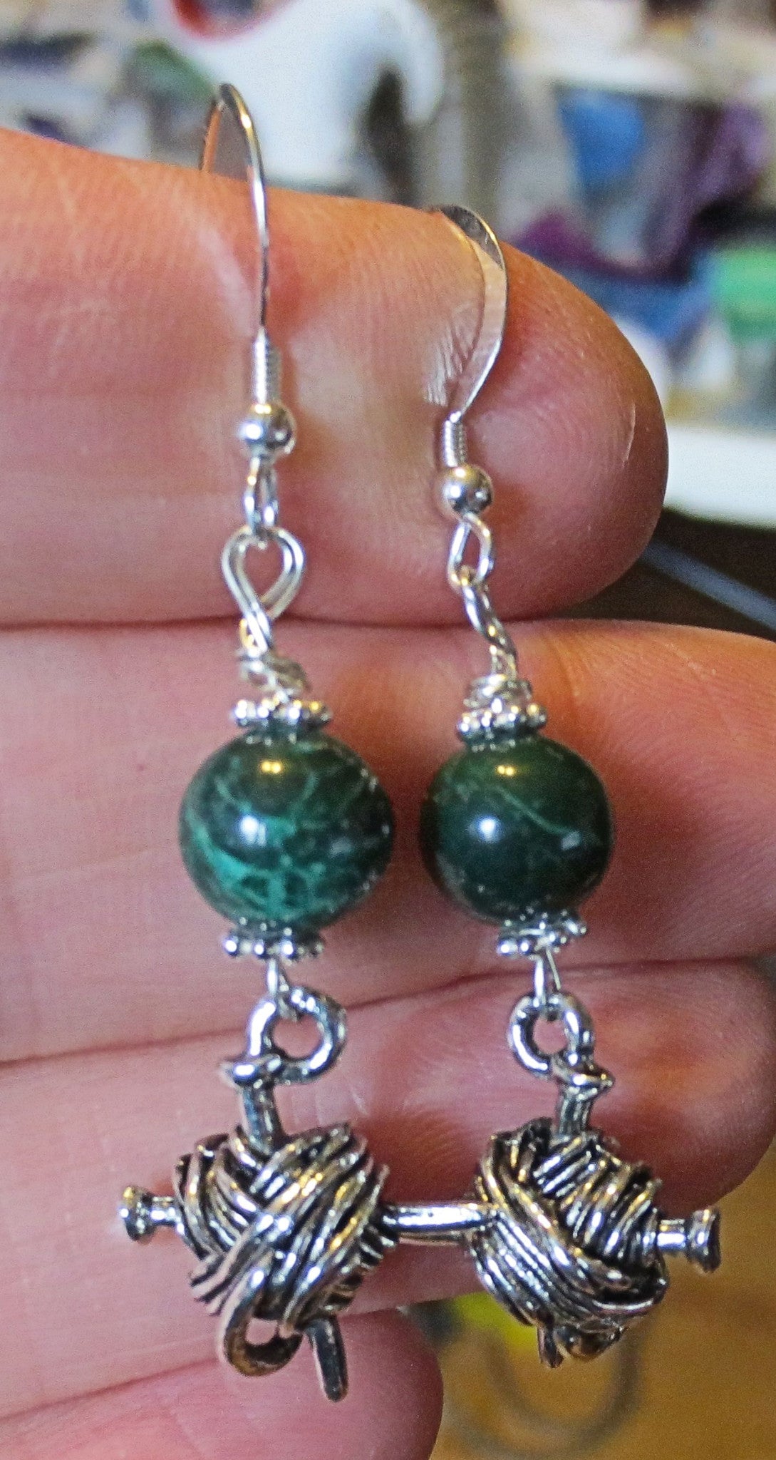 knitting theme silver earrings -- plain or with gemstones -- yarn with needles greenjasper / sterling silver wires / knitting charm